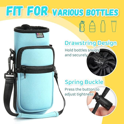 Nuovoware Water Bottle Carrier Bag,25oz/40oz/64oz Bottle Pouch Holder,Adjustable Shoulder Hand Strap 2 Pocket Sling Neoprene Sleeve Sports Accessories for Hiking Travelling Camping