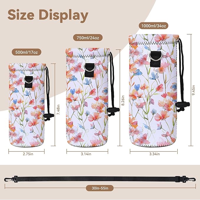 RICHEN Neoprene Water Bottle Carrier Bag with Adjustable Shoulder Strap,Insulated Water Bottle Cover for Stainless Steel/Glass/Plastic Bottles