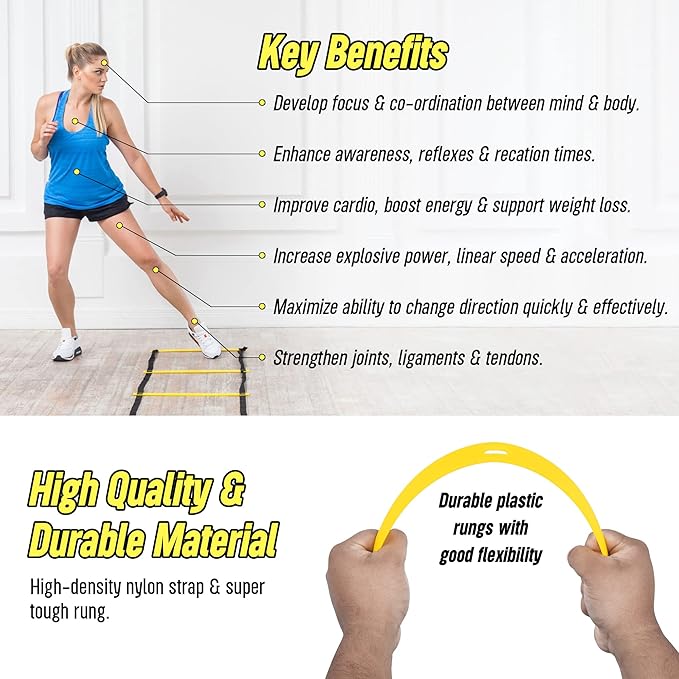20ft Sports Agility Ladder for Men Women and Kids, Speed Youth Soccer Agility Training Equipment for Football, Exercise, Tennis, Legs Workout with Speed Parachute and Carry Bag