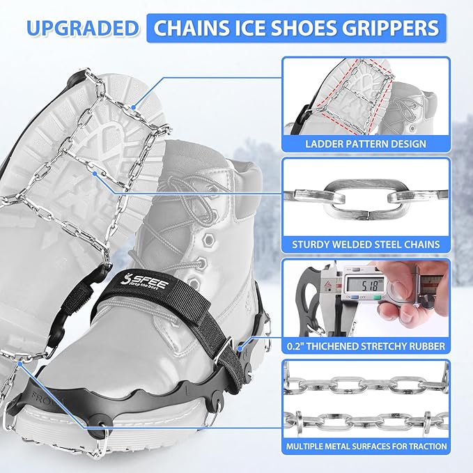 Sfee Crampons Ice Cleats for Shoes and Boots, Stainless Steel Chains Ice Grippers for Shoes and Boots Non Slip Gripper Spikes, Traction Cleats for Snow and Ice, Hiking, Walking, Climbing, Ice Fishing