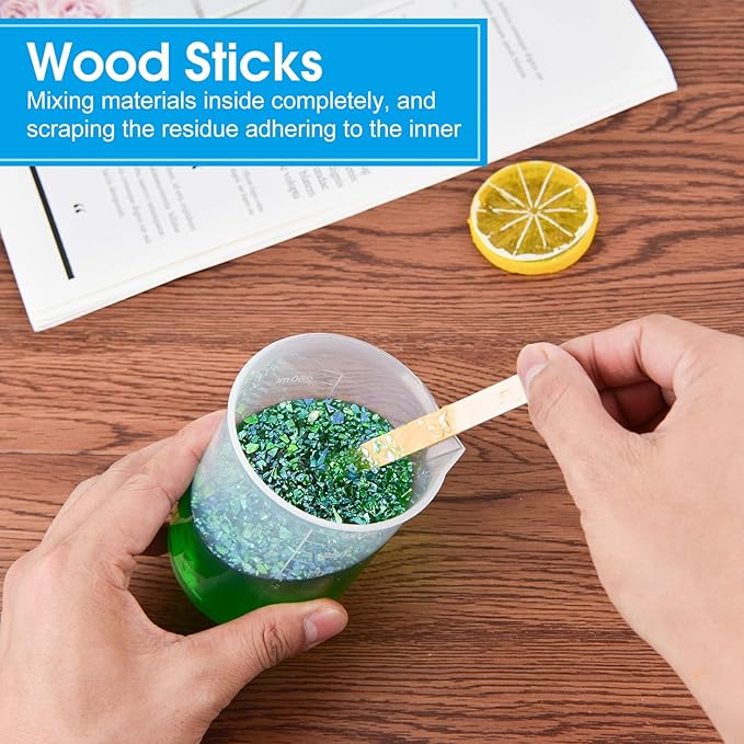 Coopay 12 Pack 300ml/10.1oz Plastic Beakers Epoxy Mixing Cups, Plastic Graduated Cups Clear Multipurpose Measuring Cups with 50 Pack Wooden Stirring Sticks for Resin, Epoxy, Stain, Mixing Paint