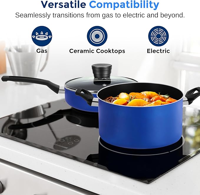 SereneLife 20-Piece Blue Cookware and Knives Set - Includes Multi-Sized Nonstick Pots and Pans with Lids and Utensils, Heat Resistant, Dishwasher Safe