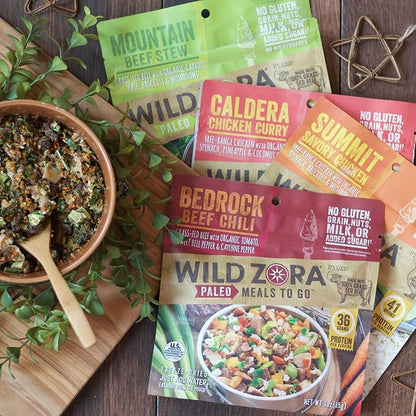 Wild Zora Paleo Freeze Dried Meat Meals, 4 Pack, Gluten Free and Grain Free Camping and Backpacking Food, No Added Sugar, Healthy On-the-Go Travel Meal, Protein Packed (Meat 4-pack)