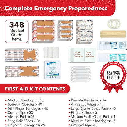 Swiss Safe 2-in-1 First Aid Kit for Car, Travel & Home, Businesses - Bonus Mini Kit for Medical Emergency Aid, Survival, Camping - FSA & HSA Eligible - 348 Pcs, Large Hardcase FAK