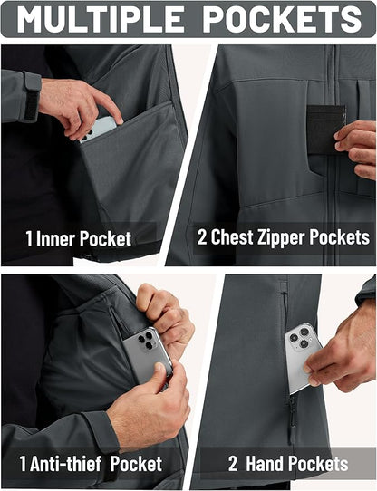 TACVASEN Men's Softshell Jacket with Hood Waterproof Tactical Fleece Coat Winter Windbreaker Lightweight Rain Jackets