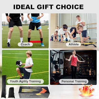 Speed Agility Training Equipment Set, Agility Ladder 20ft, 12 Football Cones, Resistance Parachute/Soccer Kick Trainer, Jump Rope, 5 Resistance Bands, Football Practice Equipment for Kids Adults