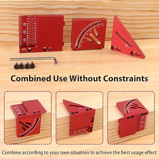 45/90 Degree Aluminum Alloy Woodworking Square Protractor, Multi Angle Measuring Ruler, High Precision Layout Measuring Tool for Engineer Carpenter (Red)