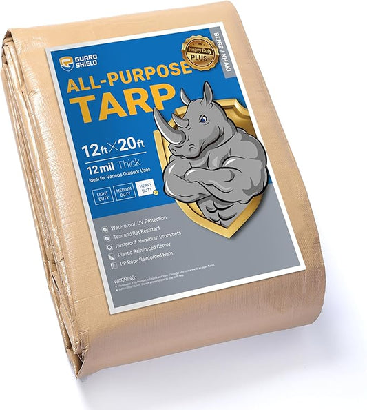 GUARD SHIELD Beige Tarp 12x20 Feet Large Tarps Heavy Duty Outdoor Tarpaulin Cover 12mil