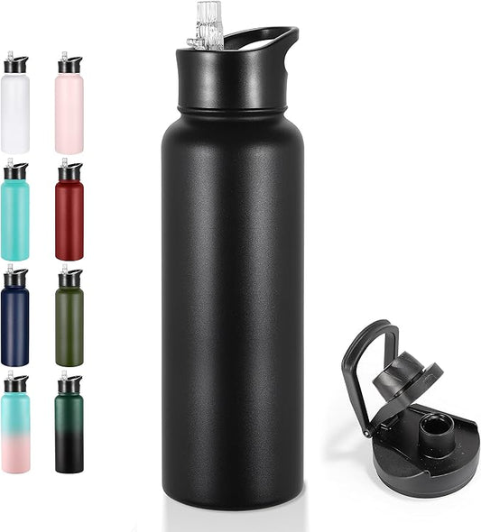 VEGOND 40 oz Insulated Water Bottle Stainless Steel Metal Water Bottles with Leak Proof Straw Lid & Spout Lid, Wide Mouth Double Walled Vacuum Travel Sports Bottle, Black