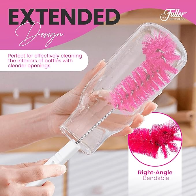 Fuller Brush Bottle Brush – Cleans Narrow Mouth Water Bottles, Travel Mugs, Sports Tumblers, Hydration Flasks, Gym Jugs - Pink