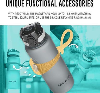 Tritan Sports Water Bottle with Magnetic Silicone Carry Strap & One Click Open Cap - Magnetic Drink Holder Great for Metal Equipment - Bottle w/Straps for Backpack, Belt & More (18 oz, Teal)