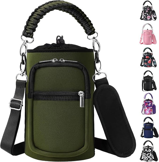 32/40/64/128 oz Neoprene Insulated Water Bottle Carrier Bag, Sling Bag Sleeve Pouch Holder with Strap & Paracord Handle and 2 Pocket for Travelling, Hiking, Camping