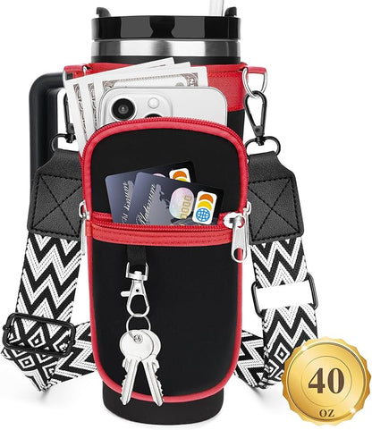 Water Bottle Carrier Bag with Strap for Stanley 40/30 oz Tumbler with Handle, Water Bottle Holder Pouch with Phone Pocket for Stanley Cup Accessories, fit Walking Hiking Travel
