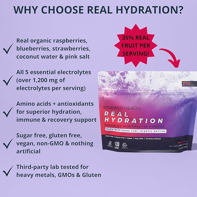Real Hydration - Organic Fruit-Based Electrolyte Mix - Made with Organic Fruits & Pink Salt - Zero Sugar & Vegan - Hydration, Immune & Recovery Support (30 Servings, Mixed Berry)