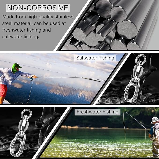 Atibin High Strength Fishing Swivel Steel Stainless Connector Swivel Snaps Saltwater Ball Bearing Split Rings Freshwater White Nickel 30lbs-156lbs