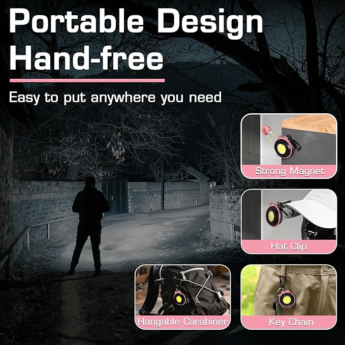 WORKPRO COB Keychain Work Light, Rechargeable Magnetic Keychain Flashlight, Mini Pocket Carabiner Flashlight with Hat Clip, 3 Light Modes Emergency Light for Camping, Hiking and Fishing, Pink Ribbon