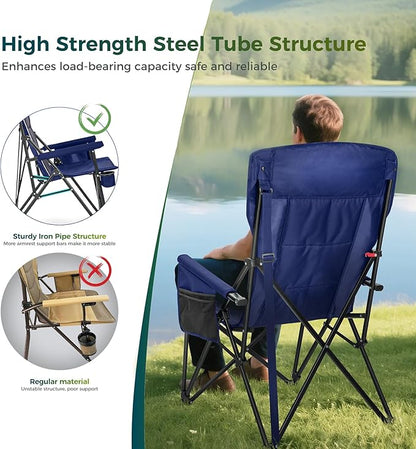 ALPHA CAMP Oversized Folding Camping Chairs High Backrest Heavy Duty Lawn Chairs for Adults Support 500 LBS Portable Camp Chairs with Cup Holders Large Side Pocket for Outdoor