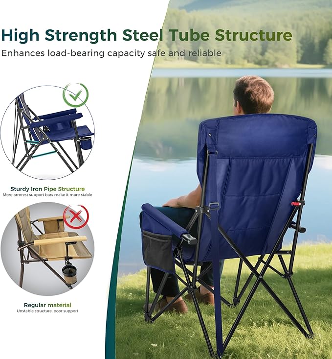 ALPHA CAMP Oversized Folding Camping Chairs High Backrest Heavy Duty Lawn Chairs for Adults Support 500 LBS Portable Camp Chairs with Cup Holders Large Side Pocket Outdoor Chair 2 Pack