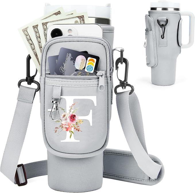 Initial Water Bottle Holder with Strap for Stanley 40 oz Tumbler/Simple Modern 40 oz Tumbler,Water Bottle Carrier Bag with Strap,Personalized A-Z Phone Pocket for Stanley Cup Accessories