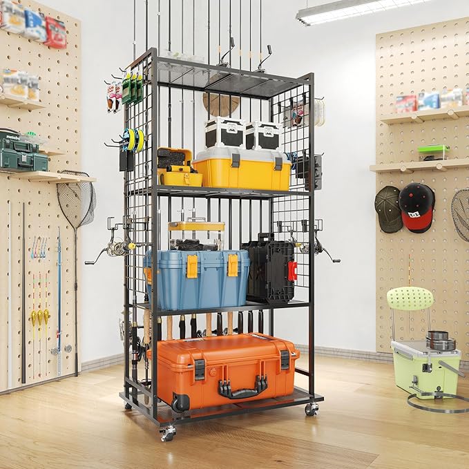 SOYEEZE Fishing Rod Holders for Garage, 4 Tier Adjustable Fishing Pole Holders Up to 12 Rods, Fishing Rod Rack with Lockable Wheels for Large Tackle Box Storage and Fishing Equipment Organization