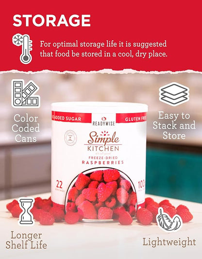 READYWISE - Simple Kitchen Freeze Dried Raspberries, 22 Servings, Vegan, Gluten Free, Healthy Snack, Survival Food, Dried Fruit, Raspberries