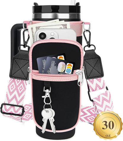 Water Bottle Carrier Bag with Strap for Stanley 40/30 oz Tumbler with Handle, Water Bottle Holder Pouch with Phone Pocket for Stanley Cup Accessories, fit Walking Hiking Travel