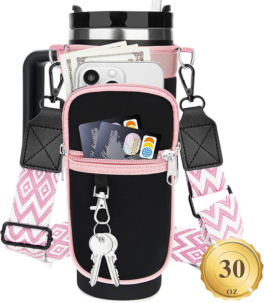 Water Bottle Carrier Bag with Strap for Stanley 40/30 oz Tumbler with Handle, Water Bottle Holder Pouch with Phone Pocket for Stanley Cup Accessories, fit Walking Hiking Travel