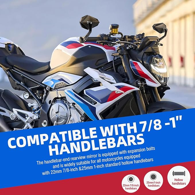 DREAMIZER Motorcycle Bar End Mirrors Black CNC Bar End Mirrors for Motorcycles Compatible with Honda Kawasaki Suzuki Scooter and More (Blue Glass Lens)