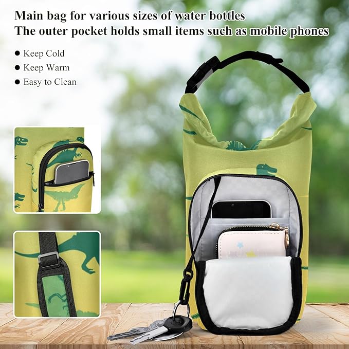 Gradient Green and Yellow Dinosaur Water Bottle Holder with Strap Insulated Water Bottle Carrier Crossbody Bags Pouch with Phone Pocket for Travel Gym Hiking Walking Running