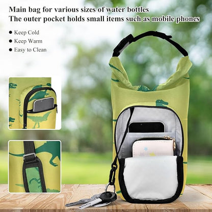 Gradient Green and Yellow Dinosaur Water Bottle Holder with Strap Insulated Water Bottle Carrier Crossbody Bags Pouch with Phone Pocket for Travel Gym Hiking Walking Running
