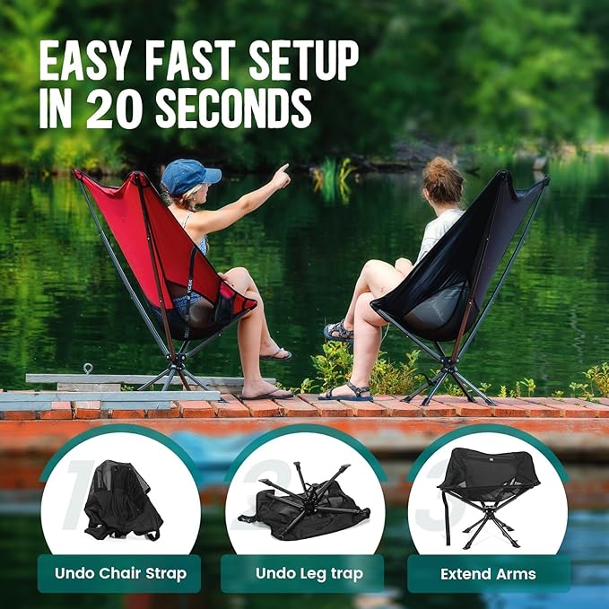 Swivel Portable High Back Camping Chair Small Compact Lightweight Folding Chairs for Adults, Outdoor Collapsible Backpack Chair for Camp, Travel, Sports, Easy Carry and Quick Setup