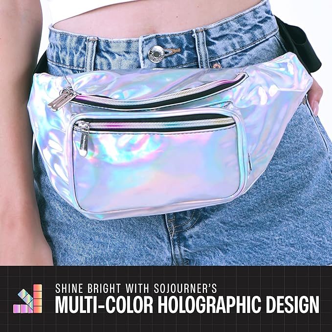 Holographic Fanny Pack Belt Bag | Waterproof Crossbody Bum Waist Pack - For Halloween, Rave, Hiking, Running, Travel (Silver)