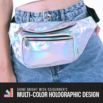 Holographic Fanny Pack Belt Bag | Waterproof Crossbody Bum Waist Pack - For Halloween, Rave, Hiking, Running, Travel (Silver)