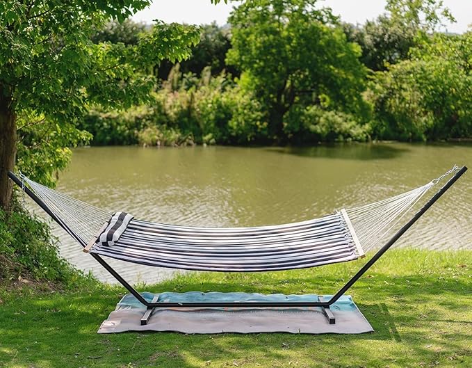 Lazy Daze Hammocks 12FT Quilted Fabric Double Hammock with Spreader Bars and Detachable Pillow, 2-Person for Outside Patio Poolside Backyard Beach, 450 lbs Capacity, Black White