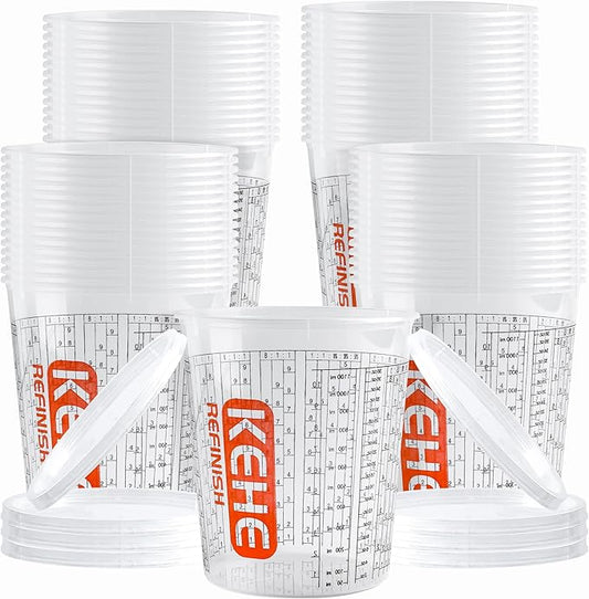 60 PACK Paint Mixing Cups by KEHE REFINISH,38 oz (1100ml),Disposable or Reusable Plastic Measuring Cups with Lids for Liquids, Paints, Resin, Epoxy, Art,Ratios 1:1,2:1, 3:1, 4:1,5:1,6:1,7:1,8:1