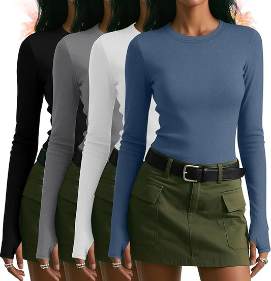 Neer 4 Pack Women's Fleece Thermal Long Sleeve Shirts, Thumb Holes Crew Neck Slim Fit Tops Warm Workout Basic Undershirt