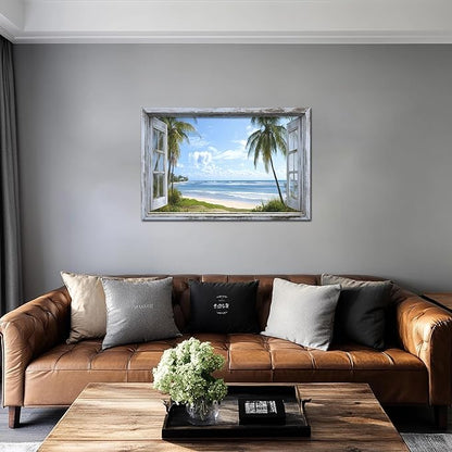 ANRUOXI Beach Wall Art, Blue Ocean Canvas Prints Wall Decor, Window Frame Style Sea Canvas Wall Decor, Ocean Seaside Painting, Nature Coastal Landscape Framed Artwork for Living Room Office 28x40 Inch