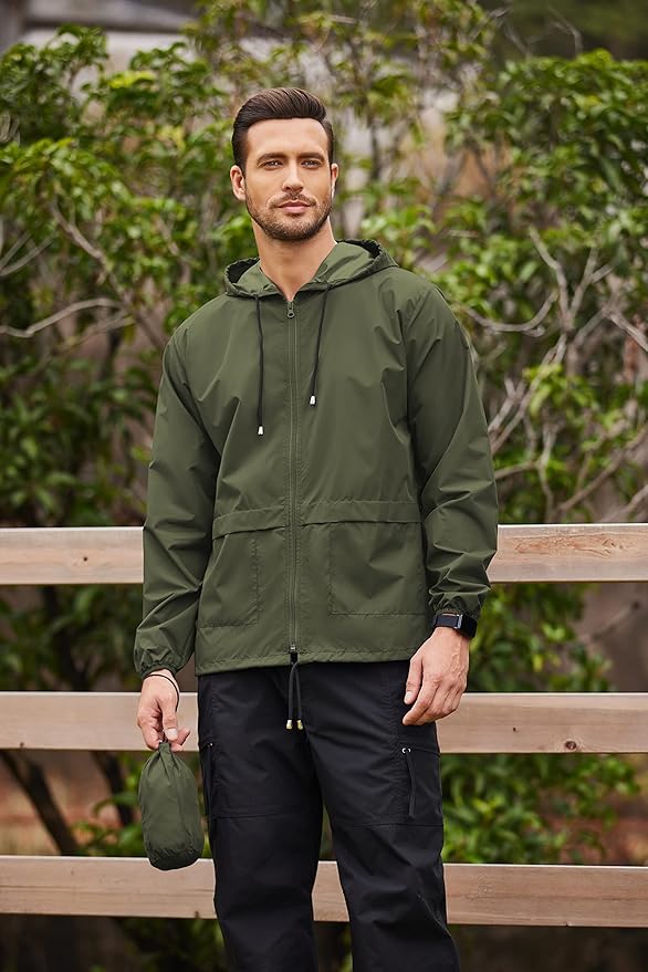 COOFANDY Mens Packable Rain Jacket Lightweight Waterproof Raincoat with Hood Outdoor Rain Gear Travel Hiking Cycling