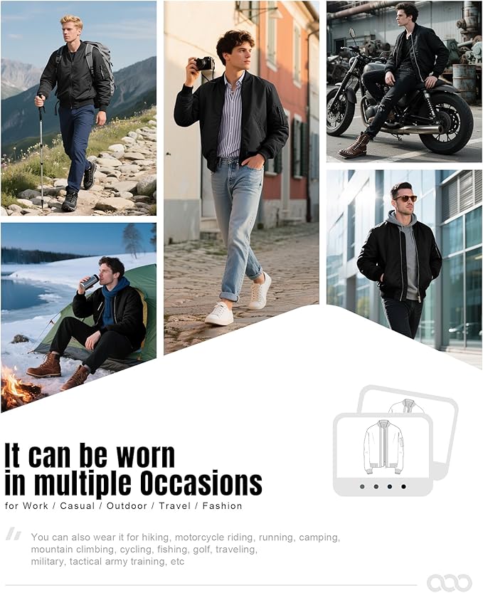 33,000ft Men's Bomber Jacket Waterproof Zip Up Windbreaker Quilted Padded Lightweight Warm Casual Spring Fall Winter Coat