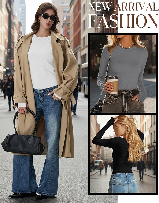 Neer 4 Pack Women's Fleece Thermal Long Sleeve Shirts, Thumb Holes Crew Neck Slim Fit Tops Warm Workout Basic Undershirt