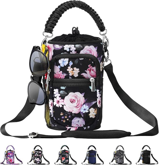 32/40/64/87/128 oz Water Bottle Carrier Bag, Neoprene Water Bottle Sleeve with 4 Pocket, Sport Water Holder with Paracord Handle and Shoulder Strap for Walking Hiking Camping Gym