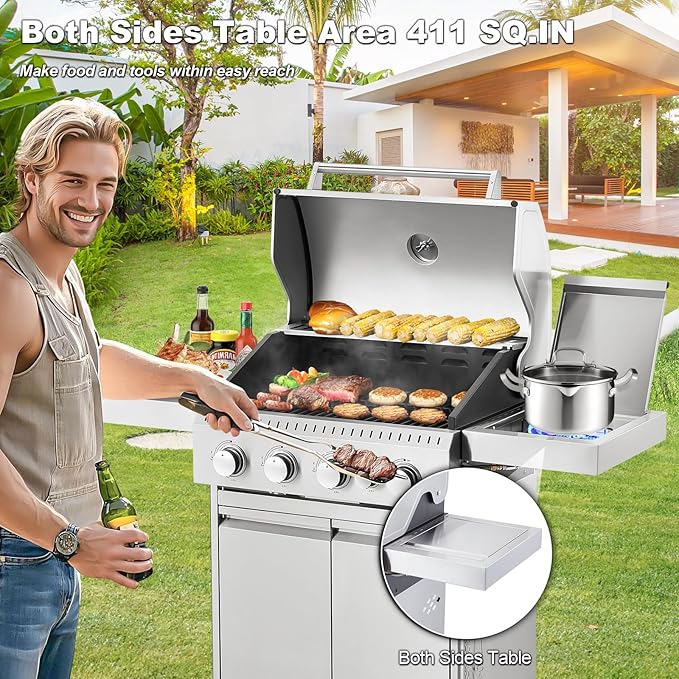 MELLCOM Stainless Steel 4 Burner BBQ Propane Gas Grill with Cast Iron Grates & Side Stove, Stainless Steel 44000 BTU Burner Barbecue Grill for Patio,Camping, Outdoor Cooking