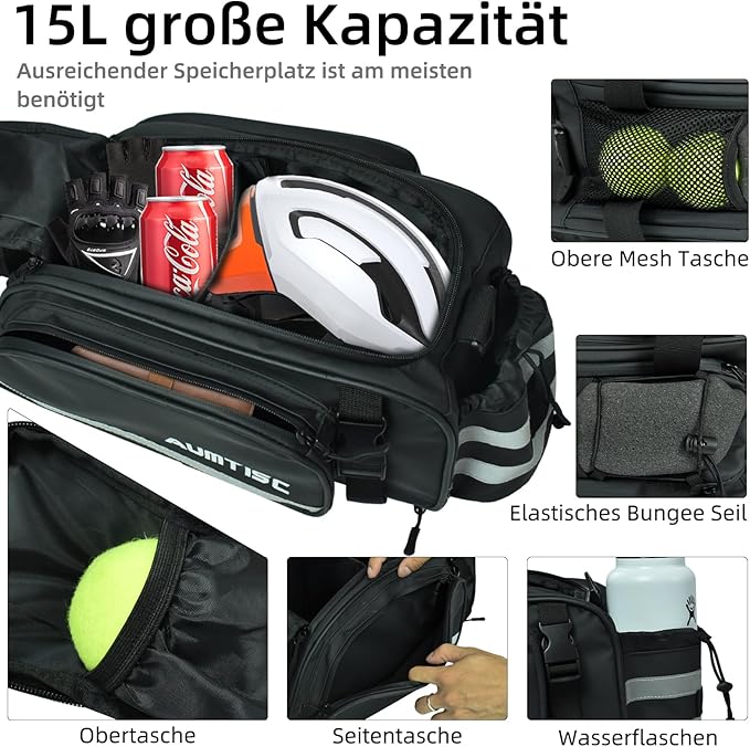 AUMTISC Bike Rear Rack Bag, 14L Bicycles Panniers Trunk Saddle Bags with Rain Cover for Ebike, Cycling Back Seat Cargo Carrier Storage Bag for Commuter Travel Outdoor