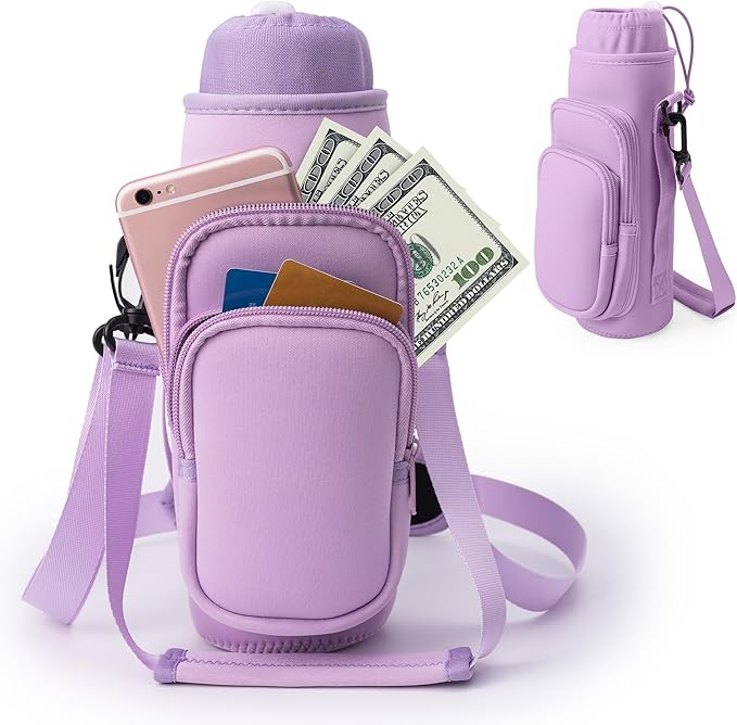 linmaya Water Bottle Carrier Bag, Insulated Water Bottle Bag Fits Stanley IceFlow Owala 16/24/32/40oz Tumbler, Water Bottle Holder with Shoulder Hand Straps, 2 Pockets for Travel, Hiking, Camping