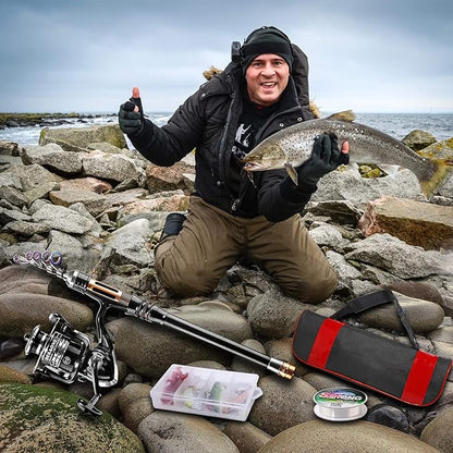 ShinePick Fishing Rod Kit, Telescopic Fishing Pole and Reel Combo Full Kit with Line Lures Hooks Carrier Bag for Travel Saltwater Freshwater Boat Fishing Beginners