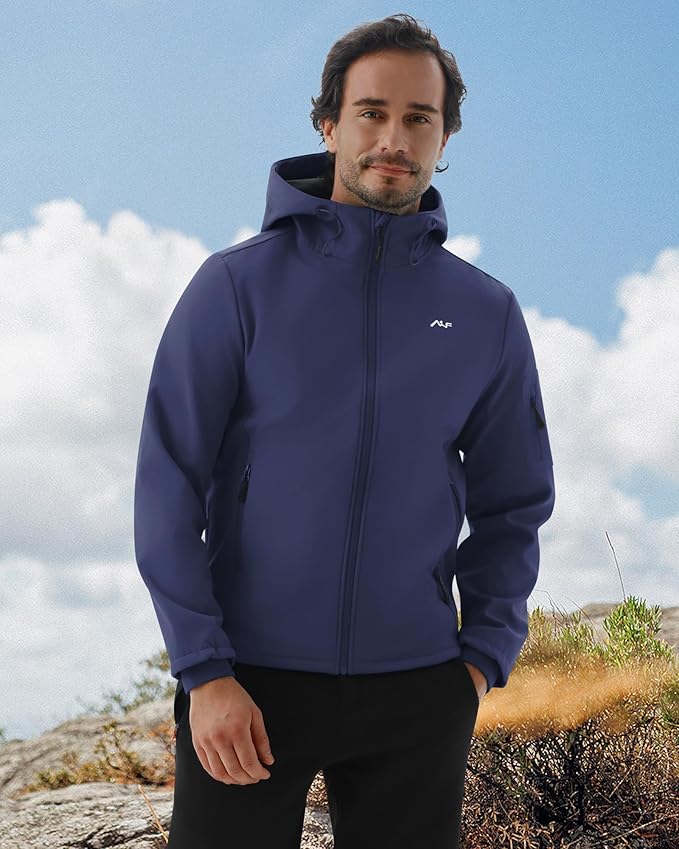 WULFUL Men's Lightweight Softshell Jacket Warm Fleece Lined Windbreaker Waterproof Soft Shell for Outdoor Hiking