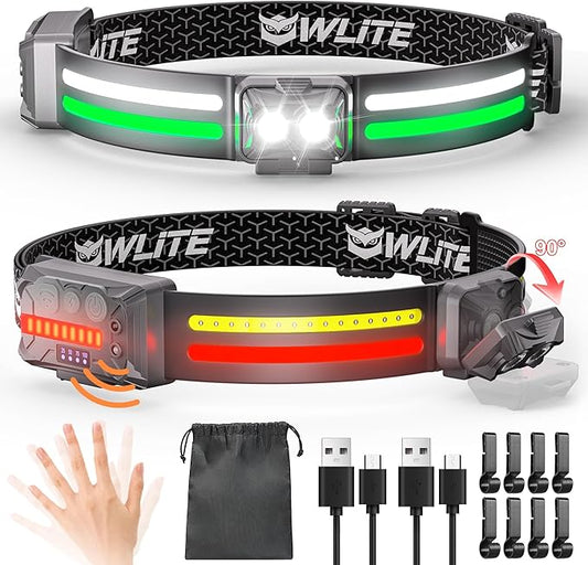 EGUKU Headlamp Rechargeable, 2Pack Rechargeable LED Headlamps 1200Lumens 2 COB 260°Wide Beam Headlight with Motion Sensor Bright 18 Modes Lightweight Waterproof Head Lamp for Running, Camping Hiking