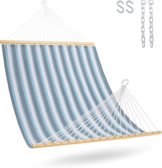 Lazy Daze Hammocks Quick Dry Hammock with Spreader Bar Textliene Fabric Double 2 Person Hammock with Chains Outdoor Patio Poolside Backyard Beach 450 lbs Capacity, Blue White Stripes