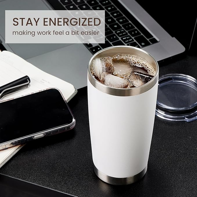 MEWAY 20oz Tumbler 4 Pack Double Wall Vacuum Insulated Travel Mug Bulk, Stainless Steel Tumblers with Lid and Straw, Durable Powder Coated Coffee Cups for Cold & Hot Drinks (White, 4)