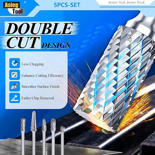 5pcs Tungsten Carbide Burrs Set with 1/4''Shank Double Cut Extended Long Solid Power Tools Carbide Rotary Files Bits for Die Grinder Metal Wood Carving Engraving Polishing Drilling Grinding Milling